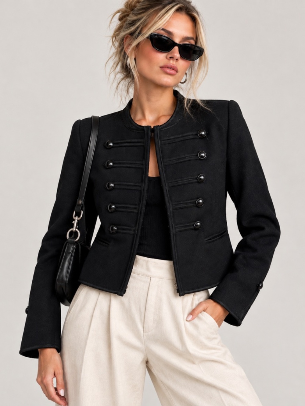 Black Wool Blend Military-Style Cropped Structured Jacket XS Dark Academia